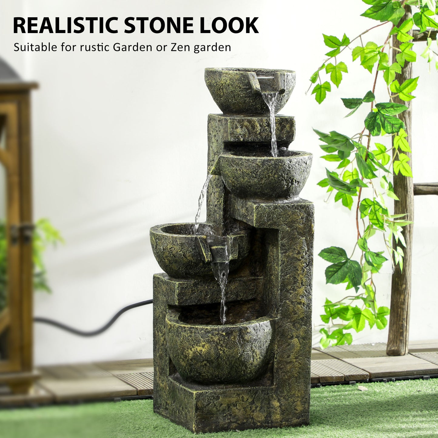 Outsunny Four-Tier Stone Design Garden Waterfall Fountain with Adjustable Flow - Black and Yellow - ALL4U RETAILER LTD