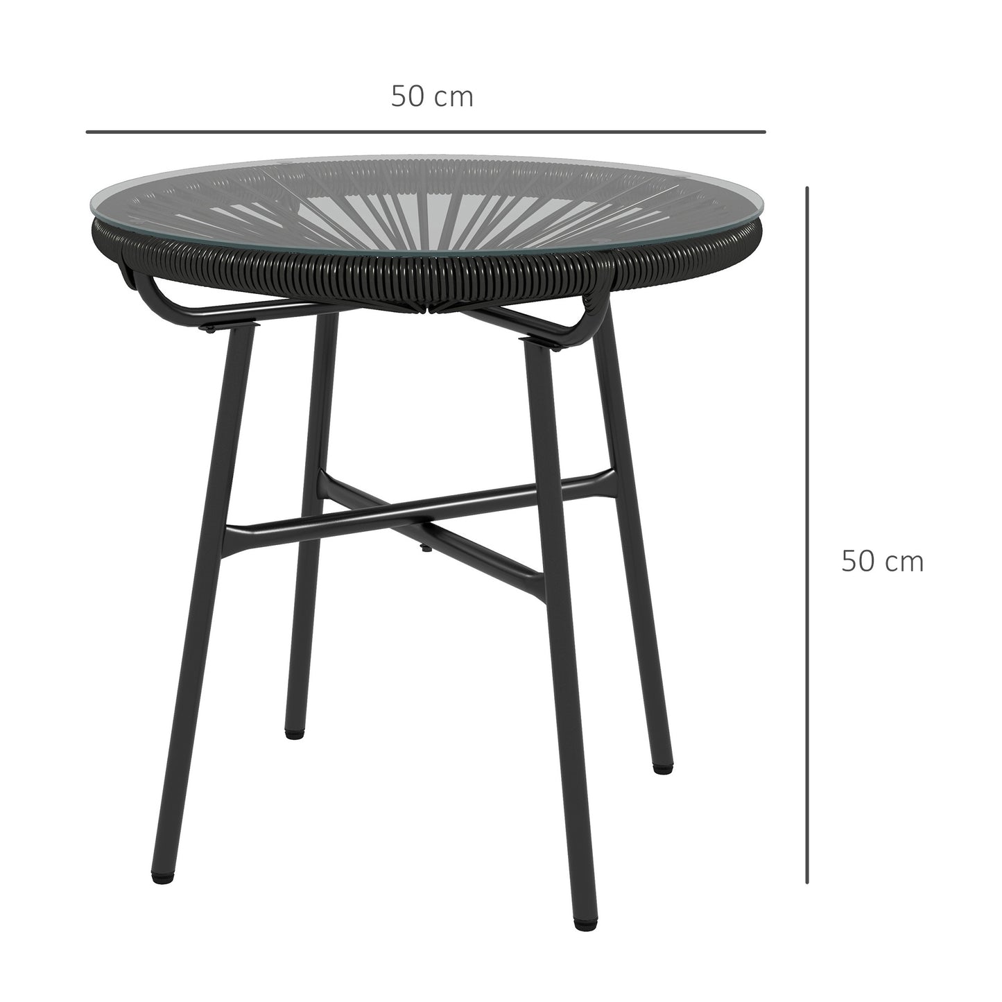 Outsunny Rattan Side Table Round Coffee Table With PE Rattan And Tempered Glass Top For Patio Garden Balcony Black