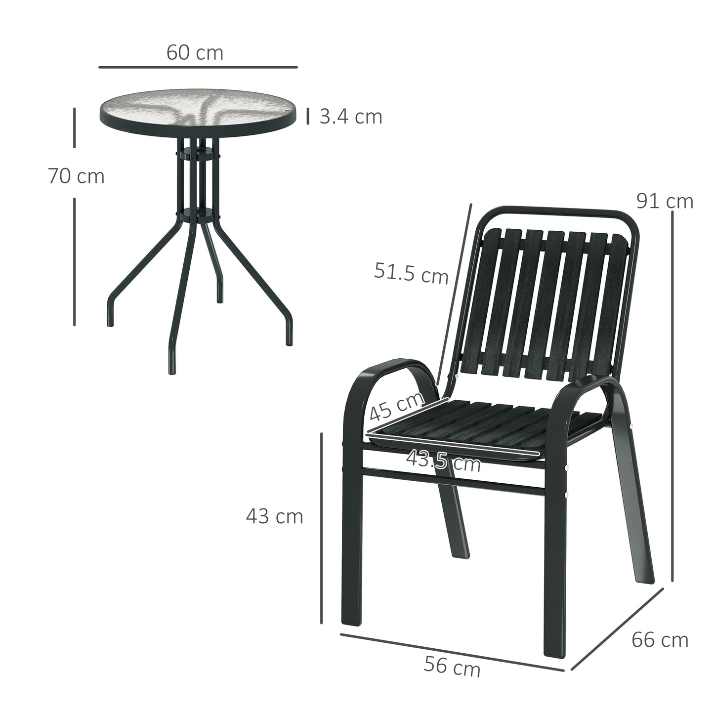 Outsunny 3 Piece Patio Bistro Set With Stackable Chairs And Tempered Glass Table For Balcony Garden Charcoal Grey