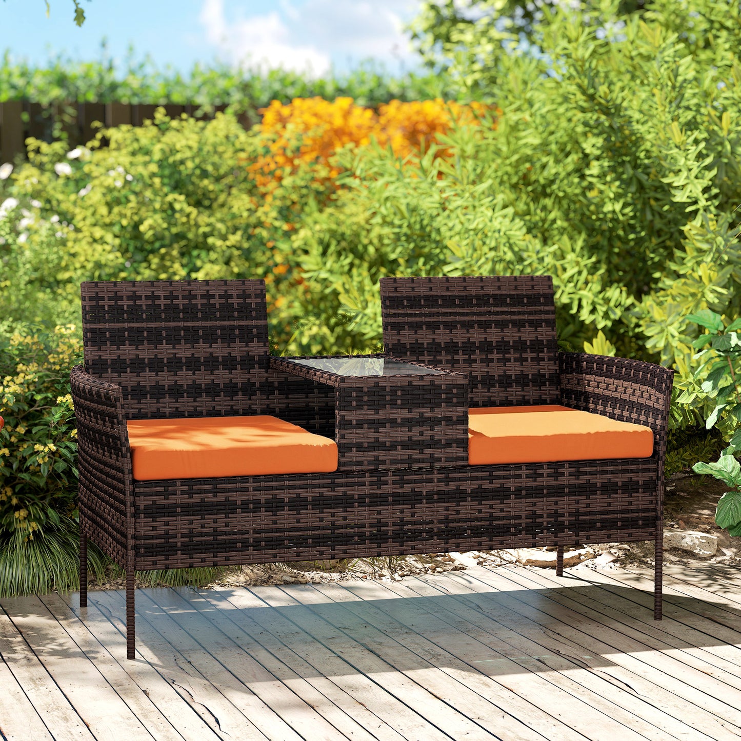 Outsunny Two Seat Rattan Conversation Set With Center Glass Table For Outdoor Patio Orange