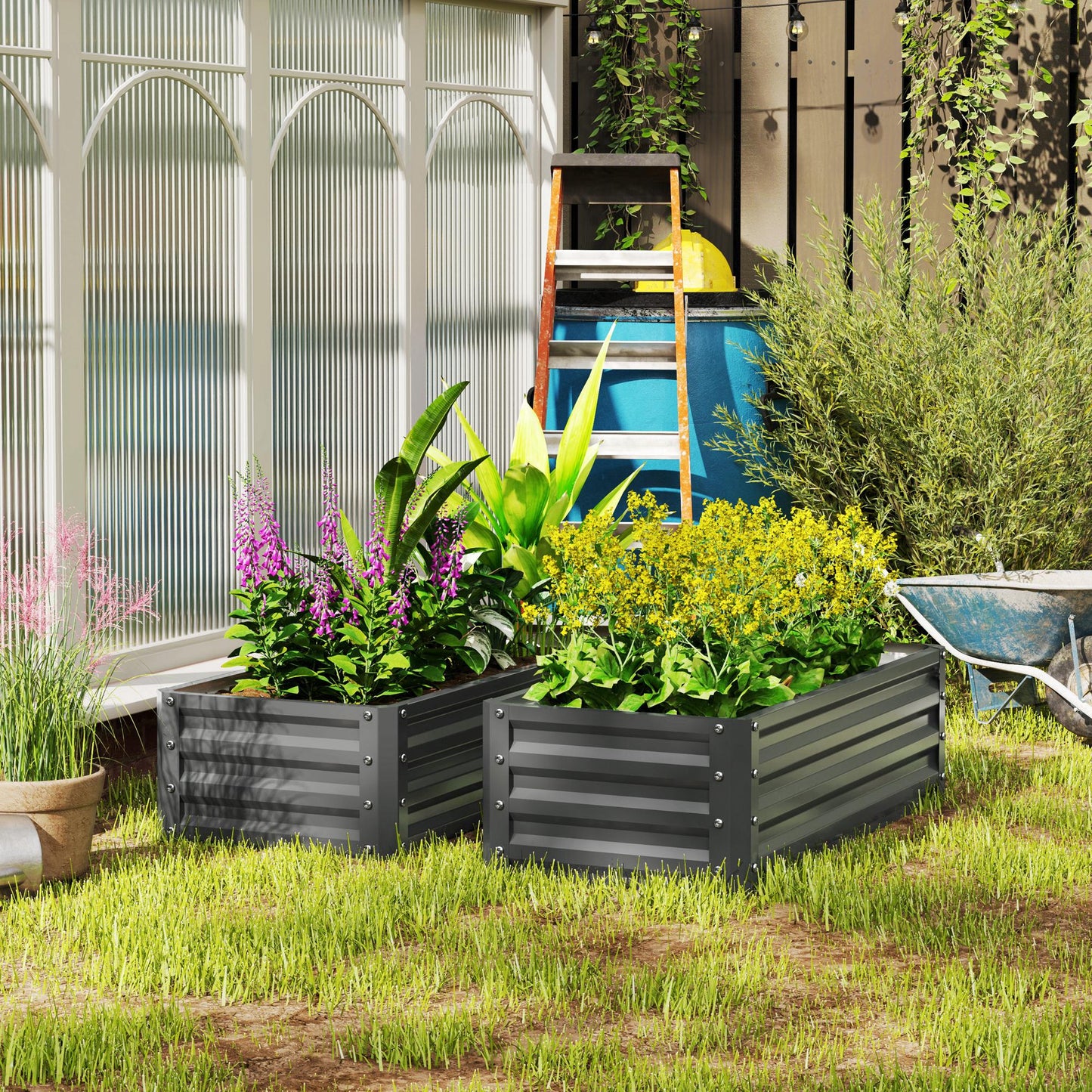 Outsunny Set of Two 110 x 50 Cm Steel Planter Boxes Light Grey for Outdoor Gardens
