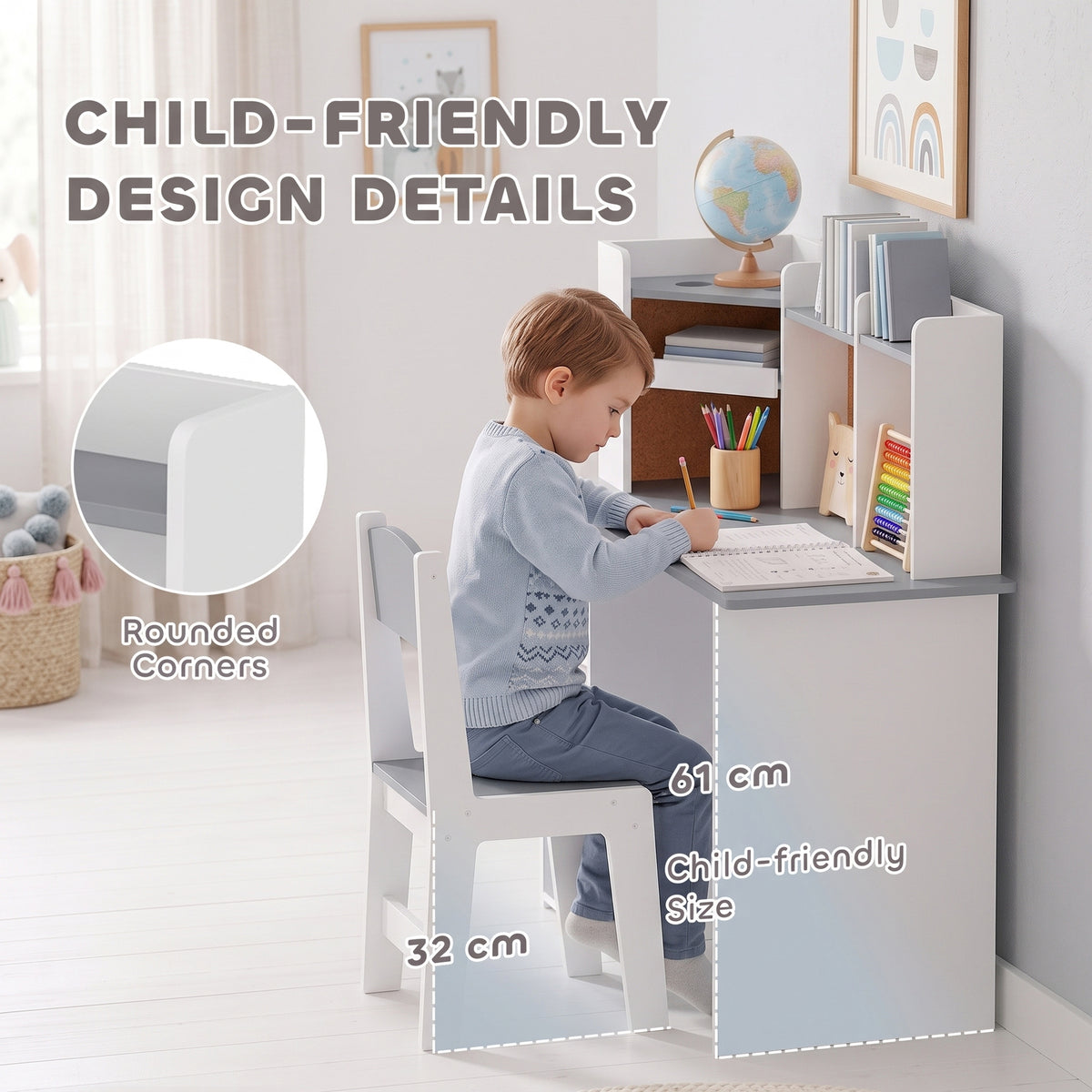 AIYAPLAY Grey Kids Desk and Chair Set With Storage and Adjustable Tablet Stand
