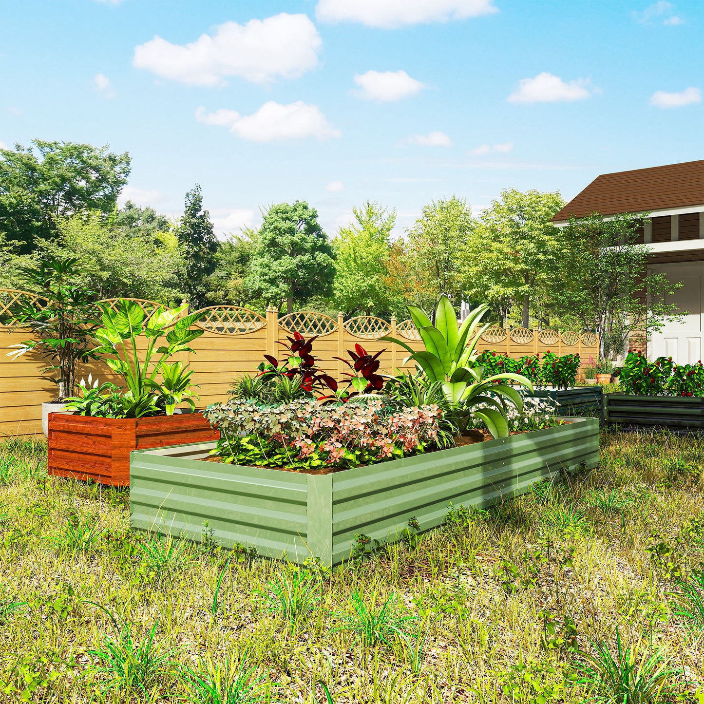 Outsunny Metal Raised Garden Bed Planter Box Outdoor Planters for Flowers Herbs Green and Light Green