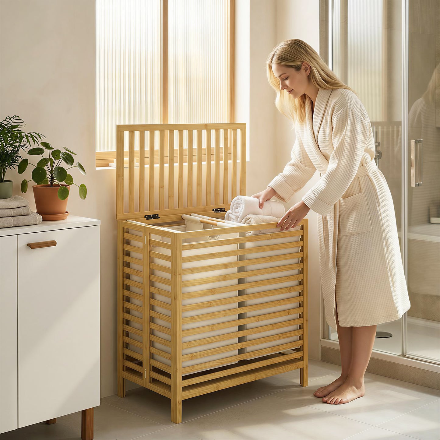 HOMCOM Bamboo Laundry Basket With Lid Two Baskets Foldable 64L Two 32L Bags Natural Cream White