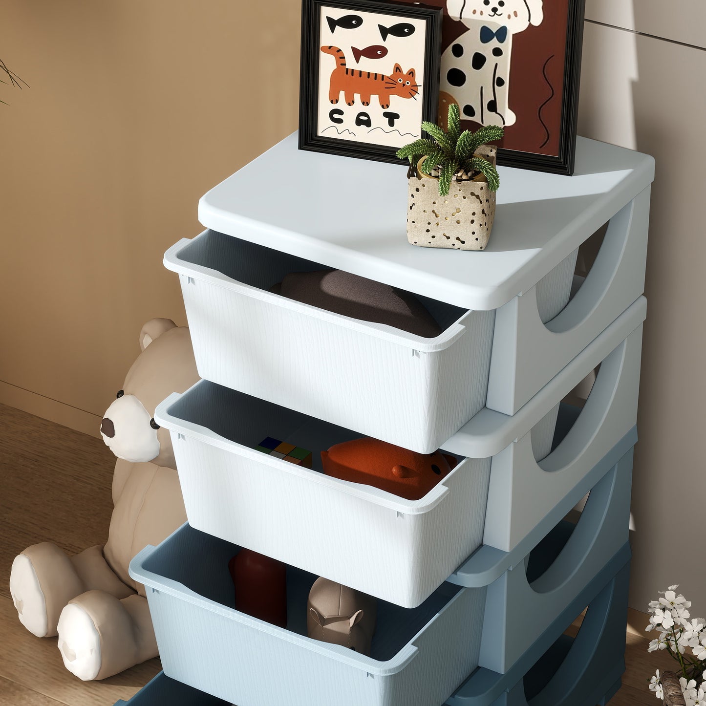 HOMCOM Four Tier Kids Storage Boxes With Four Drawers Blue PP Easy Clean Toy Organizer For Toys Books
