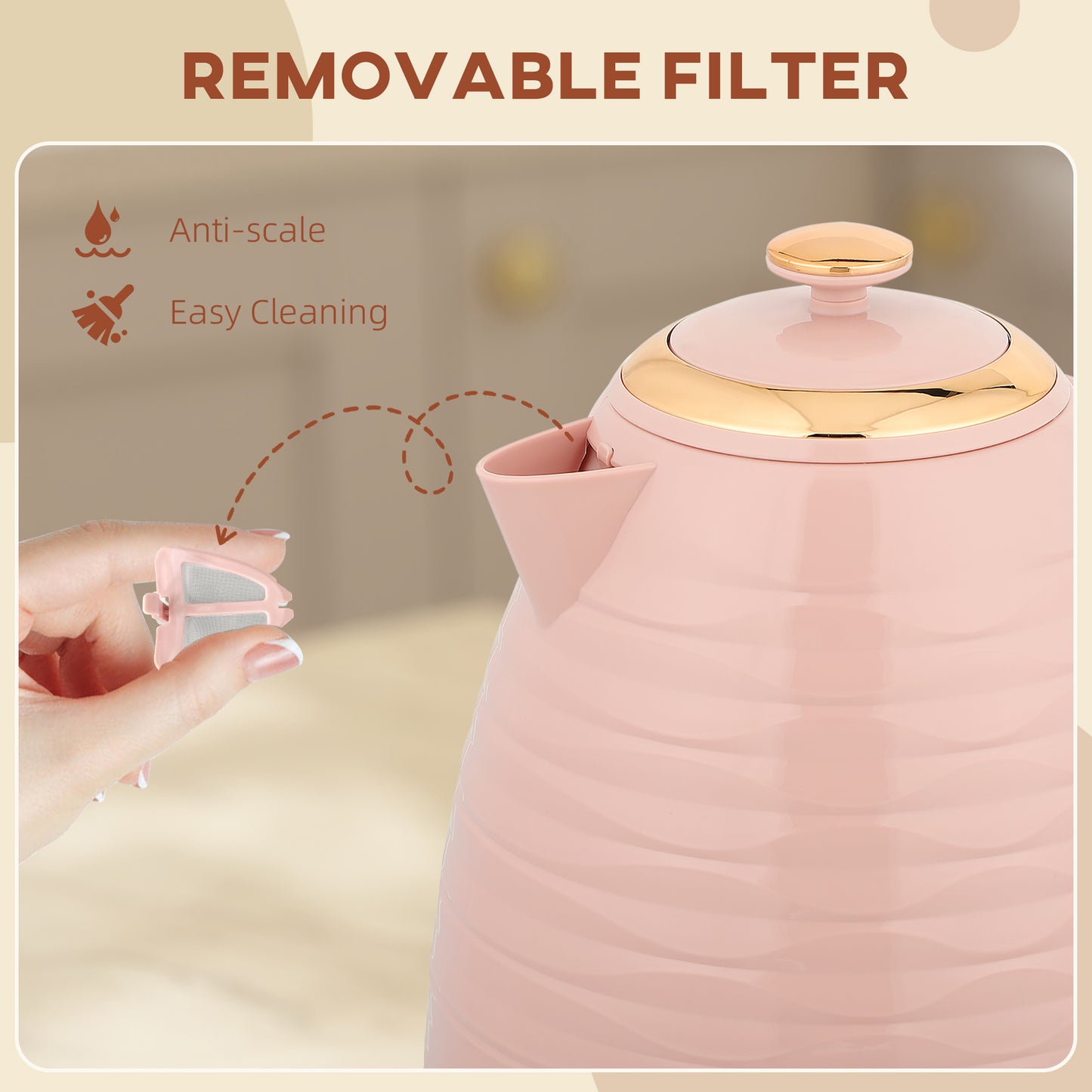 HOMCOM 3kW Rapid Boil Honeycomb Kettle In Pink With Boil Dry Protection For Fast Tea And Coffee