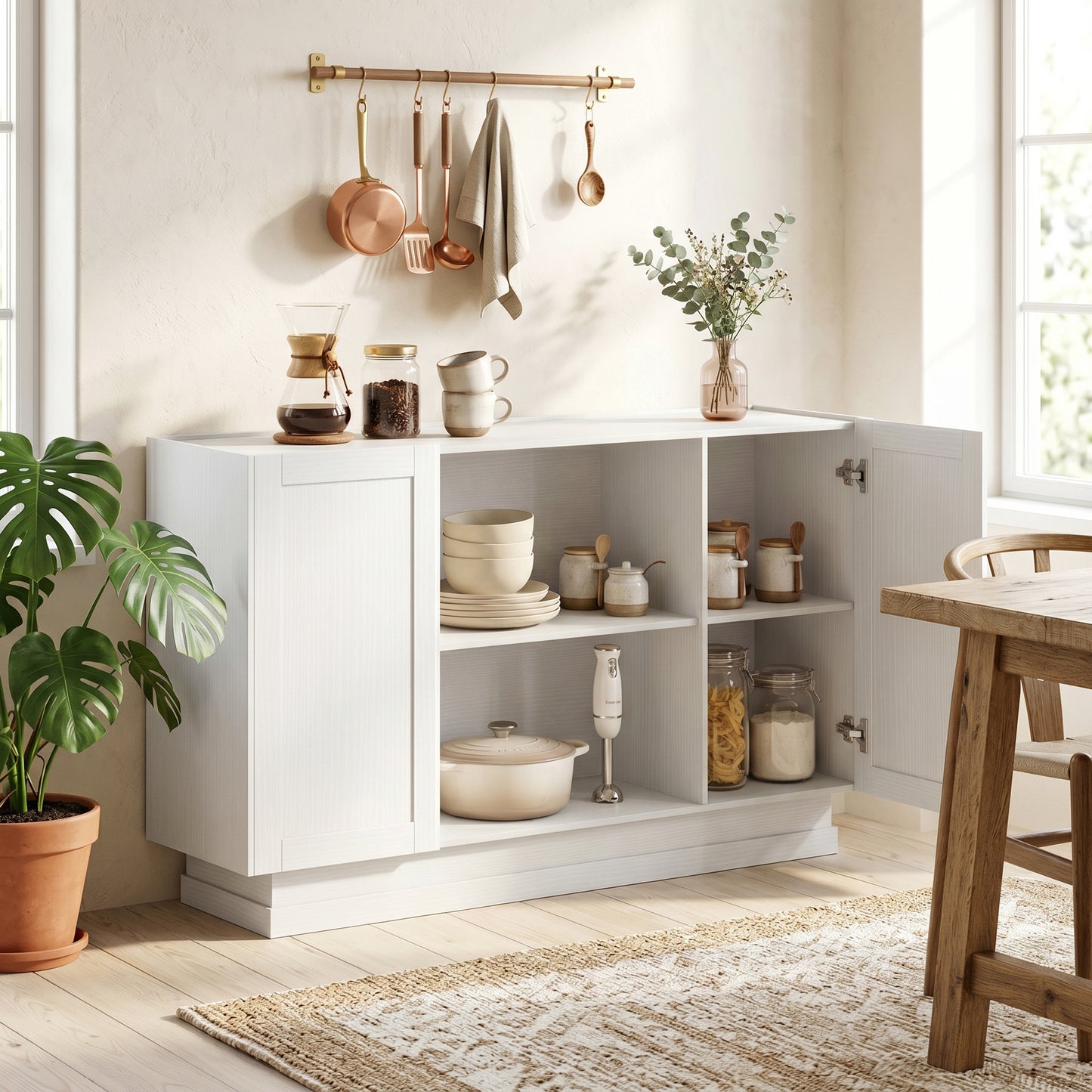 HOMCOM Sideboard Buffet Cabinet 133 cm Storage Cabinet With 2 Open Shelves 2 Cupboards Soft Close Doors White
