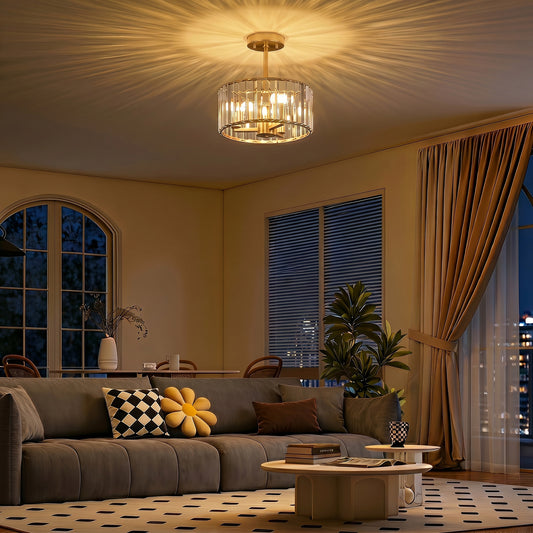 HOMCOM Semi Flush Mount Modern Crystal Chandelier Ceiling Light With E14 Base Gold Finish