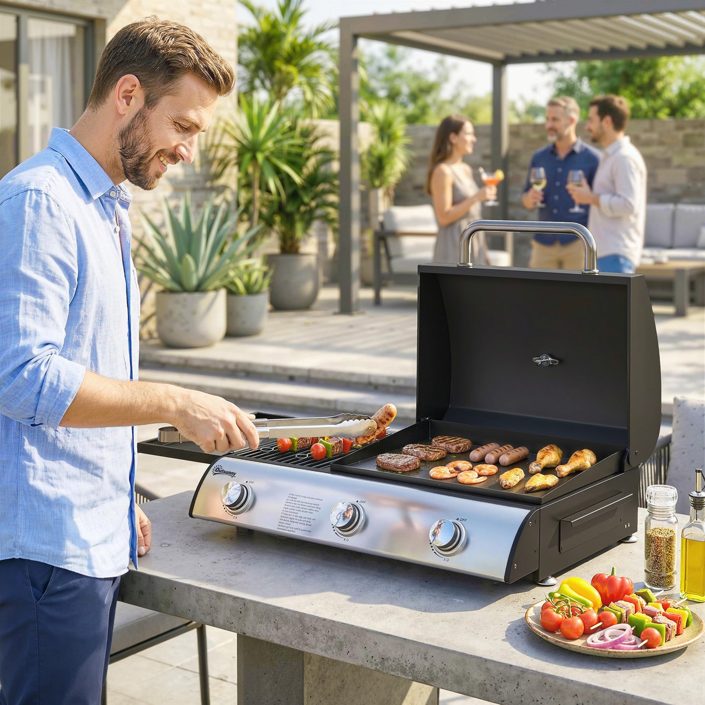 Outsunny 3 Burner Portable Gas Plancha Grill With Griddle And Thermometer Seven Point Five Kilowatts Tabletop Black