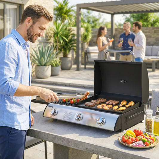 Outsunny 3 Burner Portable Gas Plancha Grill With Griddle And Thermometer Seven Point Five Kilowatts Tabletop Black