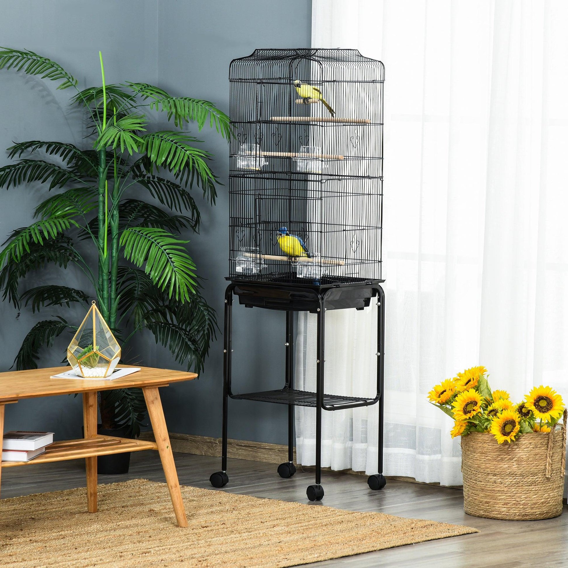 PawHut Black Bird Cage with Stand and Accessories, 36 x 46.5 x 157 cm - ALL4U RETAILER LTD