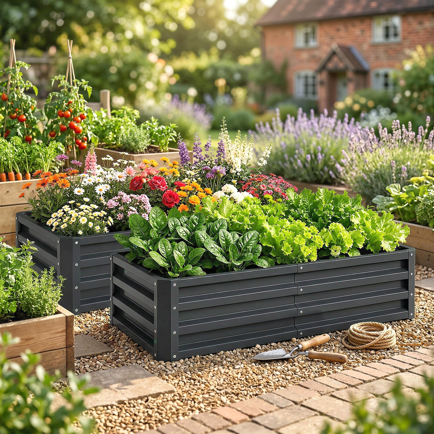 Outsunny Set Of 2 Galvanized Raised Garden Beds For Herbs And Vegetables Outdoor Planters For Patio Balcony Grey