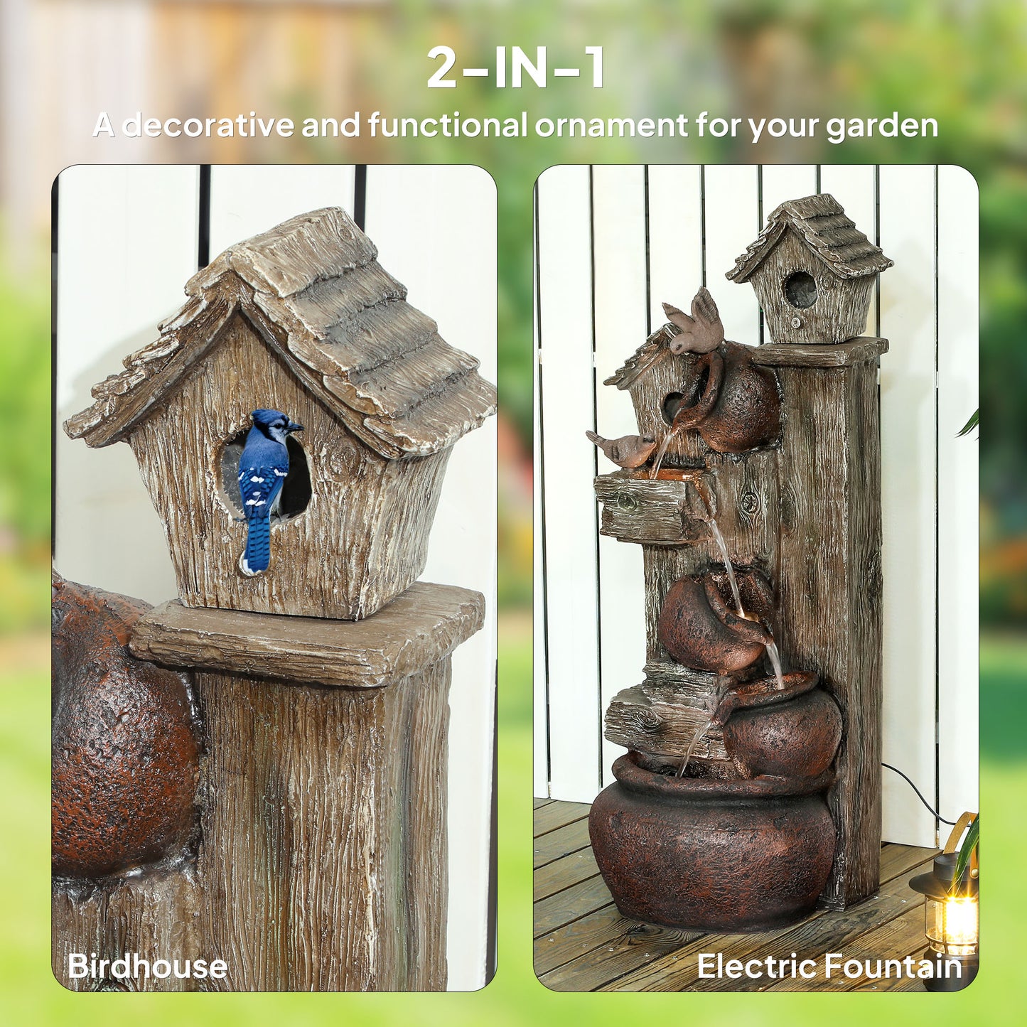 Outsunny 2 In 1 Waterfall Fountain With Birdhouse Resin Garden Water Feature LED Lights Pump Tree Trunk Design