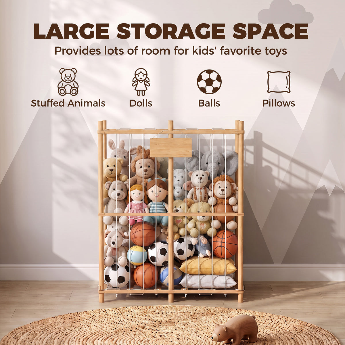 Wooden stuffed animal storage zoo organizer with multi-level open cage shelves