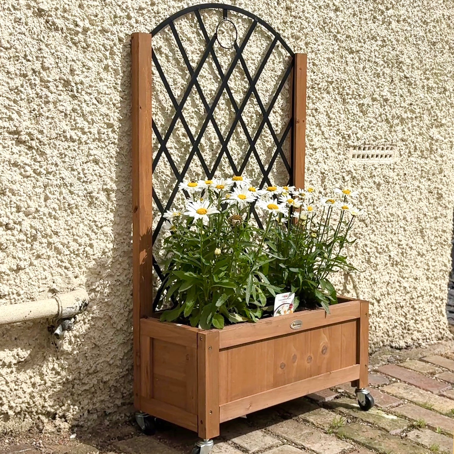 Outsunny Wooden Planter With Metal Trellis On Wheels Brown And Black 20 x 47 Cm Drainage Holes