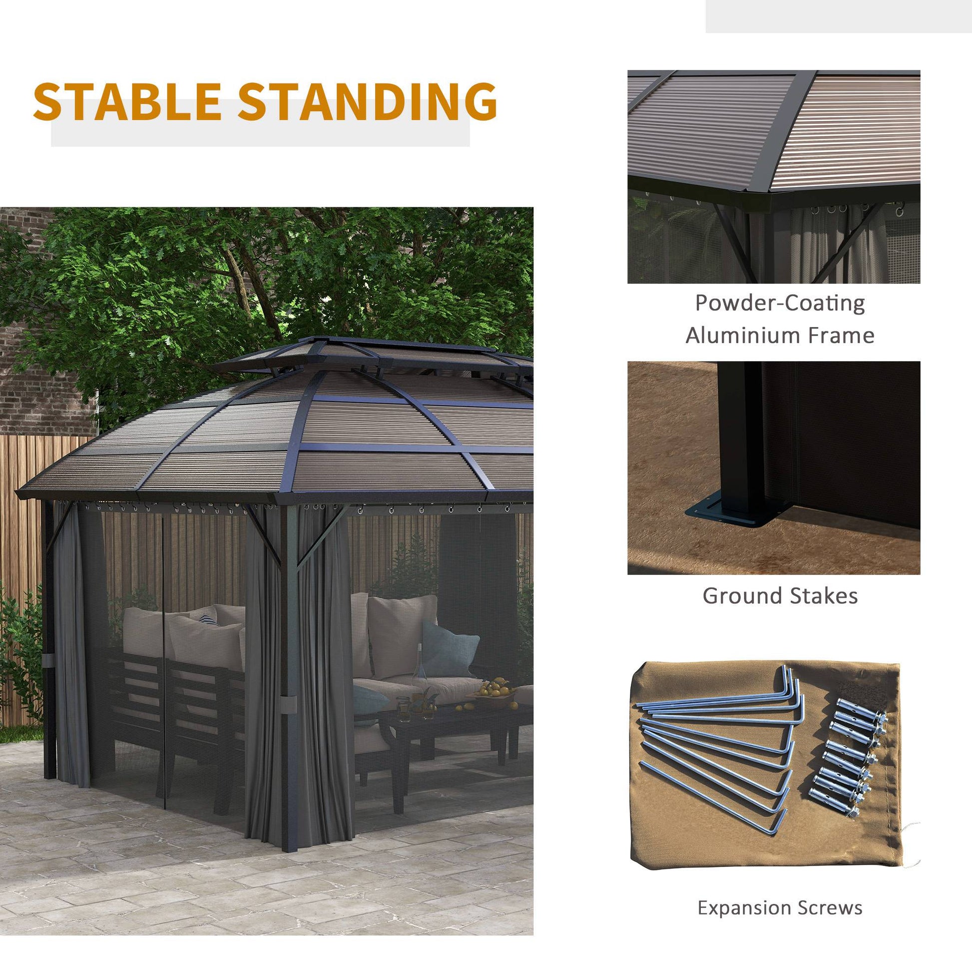 Outsunny Brown Aluminium Frame 4x3m Polycarbonate Garden Gazebo with Curtains and Insect Netting - ALL4U RETAILER LTD