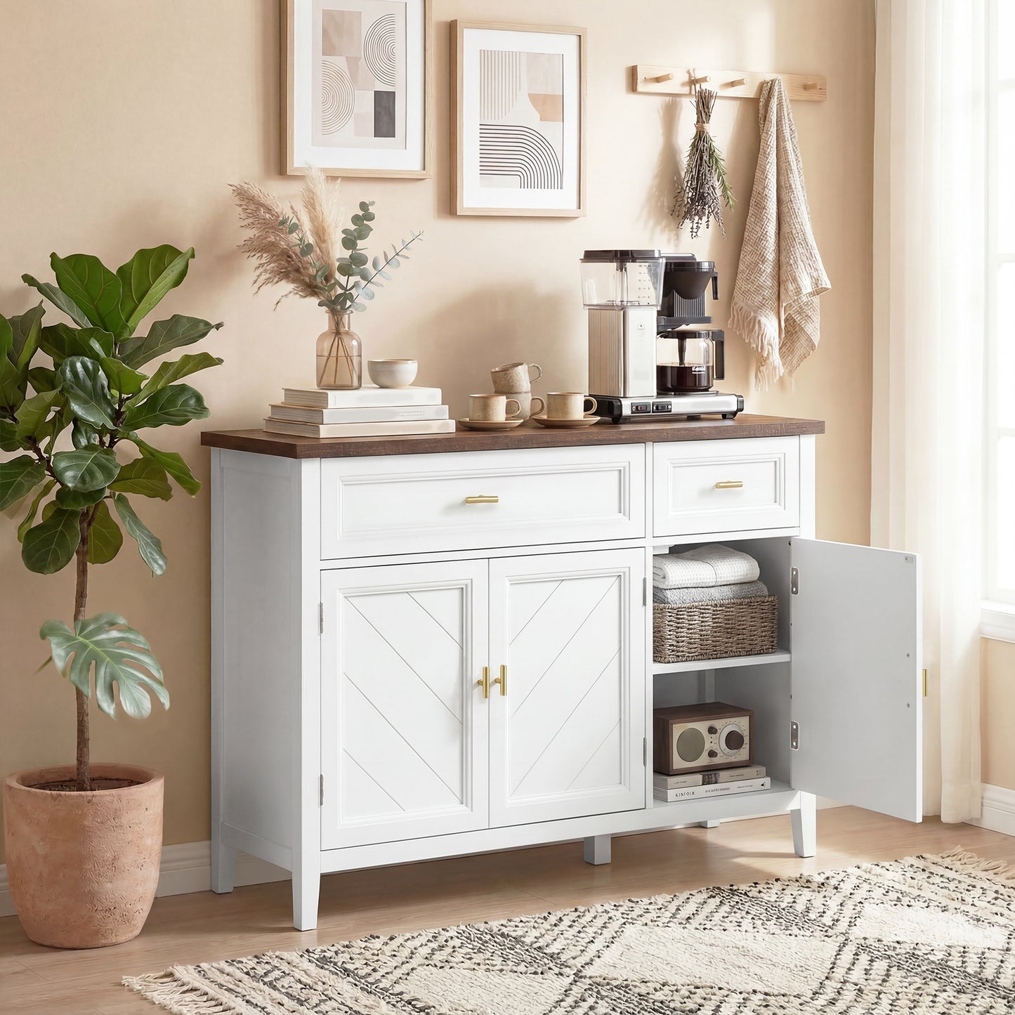 HOMCOM Modern White Sideboard With Three Doors Two Drawers And Adjustable Shelves For Storage