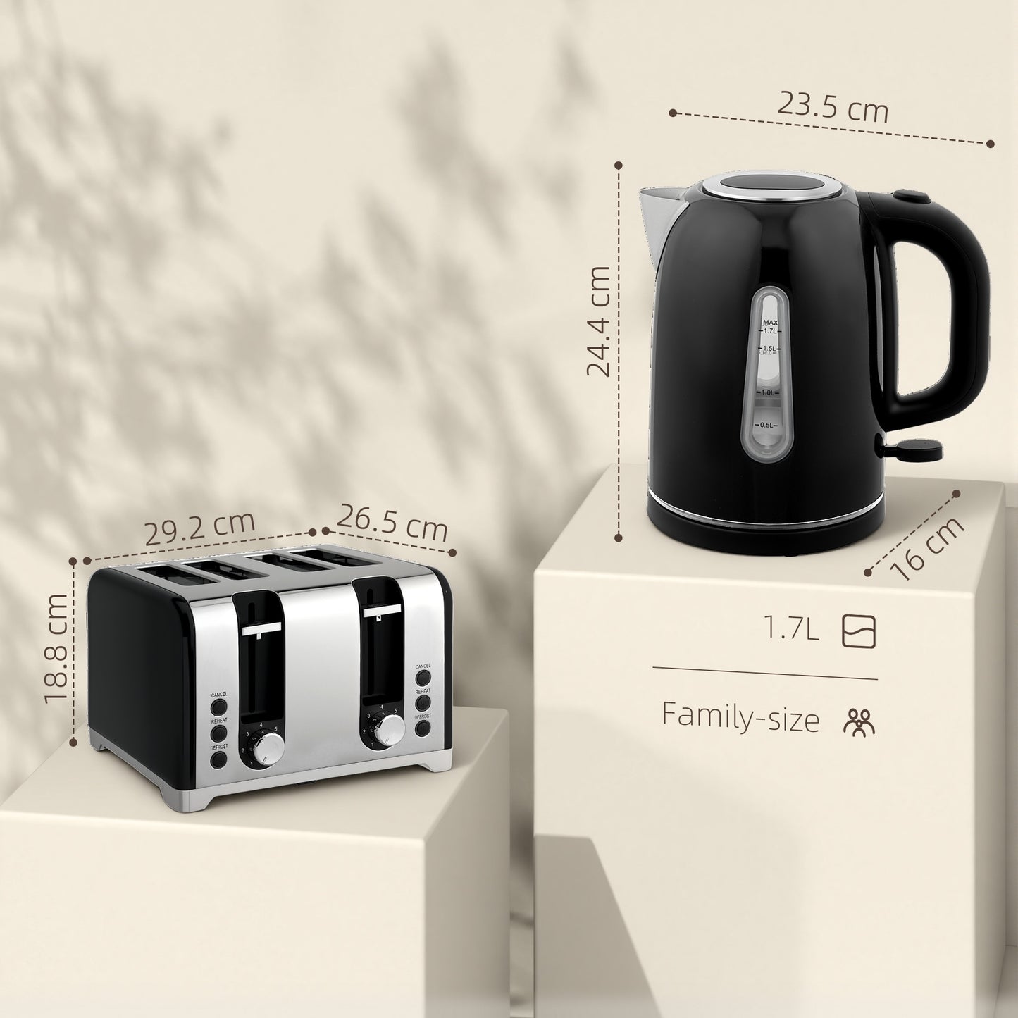 HOMCOM Kettle and Toaster Set 1.7L 3000W Rapid Boil Kettle with Limescale Filter 4 Slice Toaster LED Strip Black
