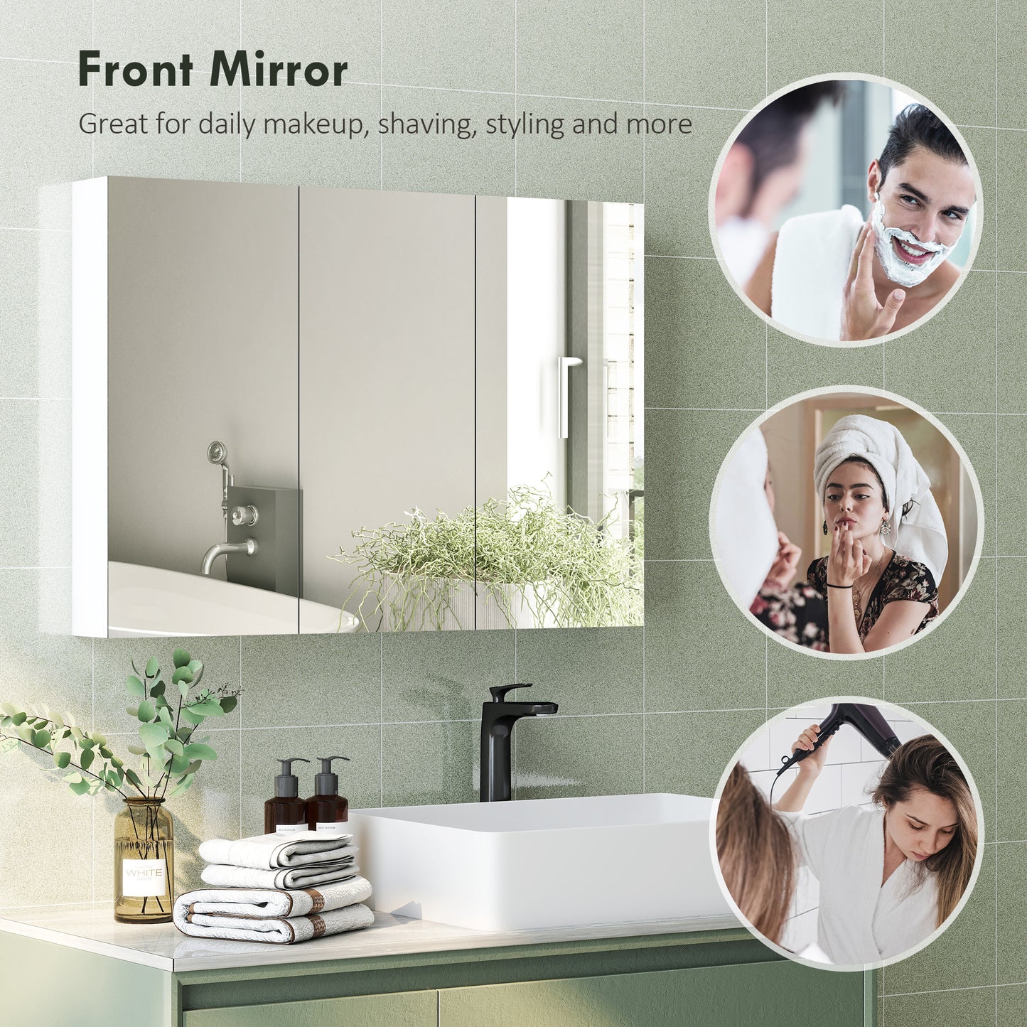 HOMCOM White Three Mirror Doors Bathroom Wall Cabinet With Six Inner Shelves And Four Adjustable Shelves