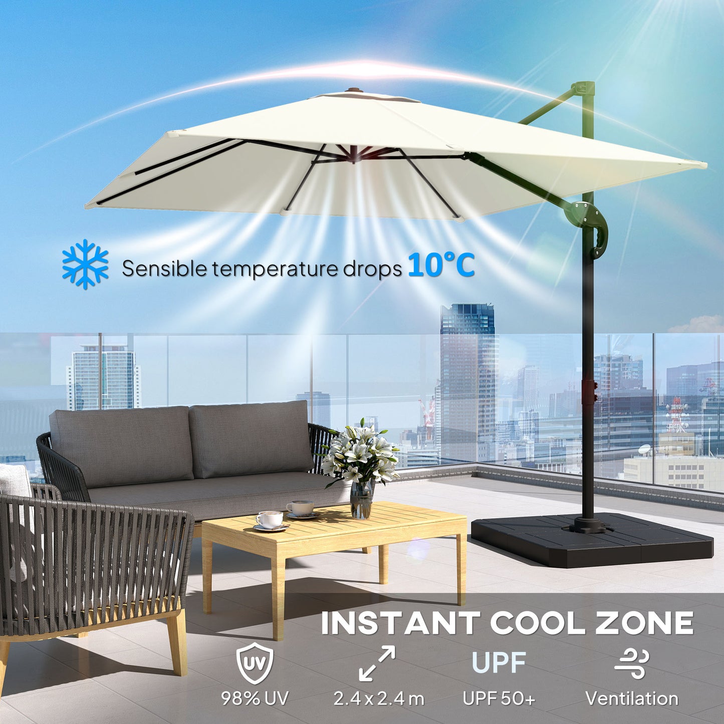 Outsunny 2.4 x 2.4m Cantilever Parasol With Umbrella Weights UPF50 Offset Outdoor Umbrella Cream White