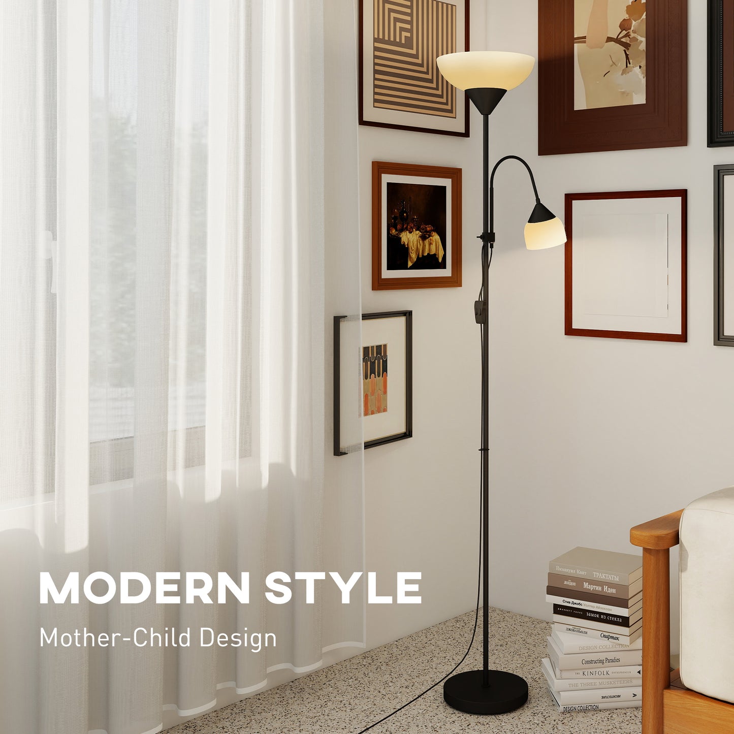 HOMCOM LED Floor Lamp With Mother And Child Uplighter Adjustable Gooseneck Color Temperatures 3000K 4500K 6500K Black