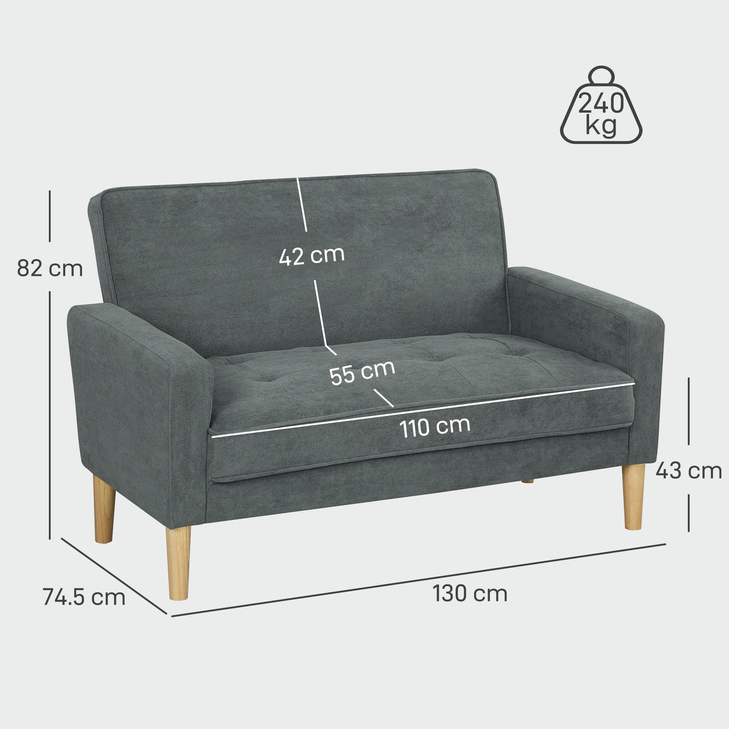 HOMCOM Two-Seater Velvet-Feel Sofa With S Springs Wooden Legs And Anti-Slip Feet Grey Upholstery
