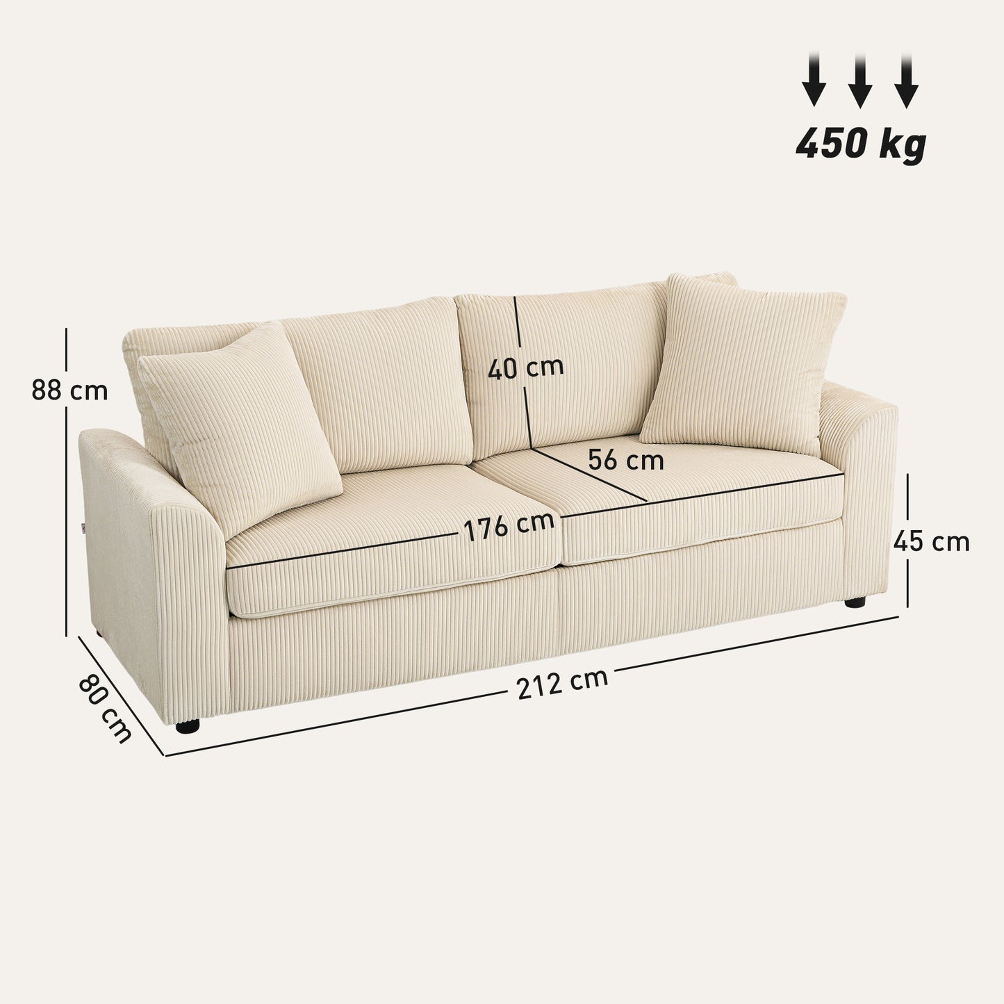 HOMCOM Modern 3 Seater Sofa With Spring Cushion 212 cm Corduroy Fabric Sofa With 2 Scatter Cushions Cream White