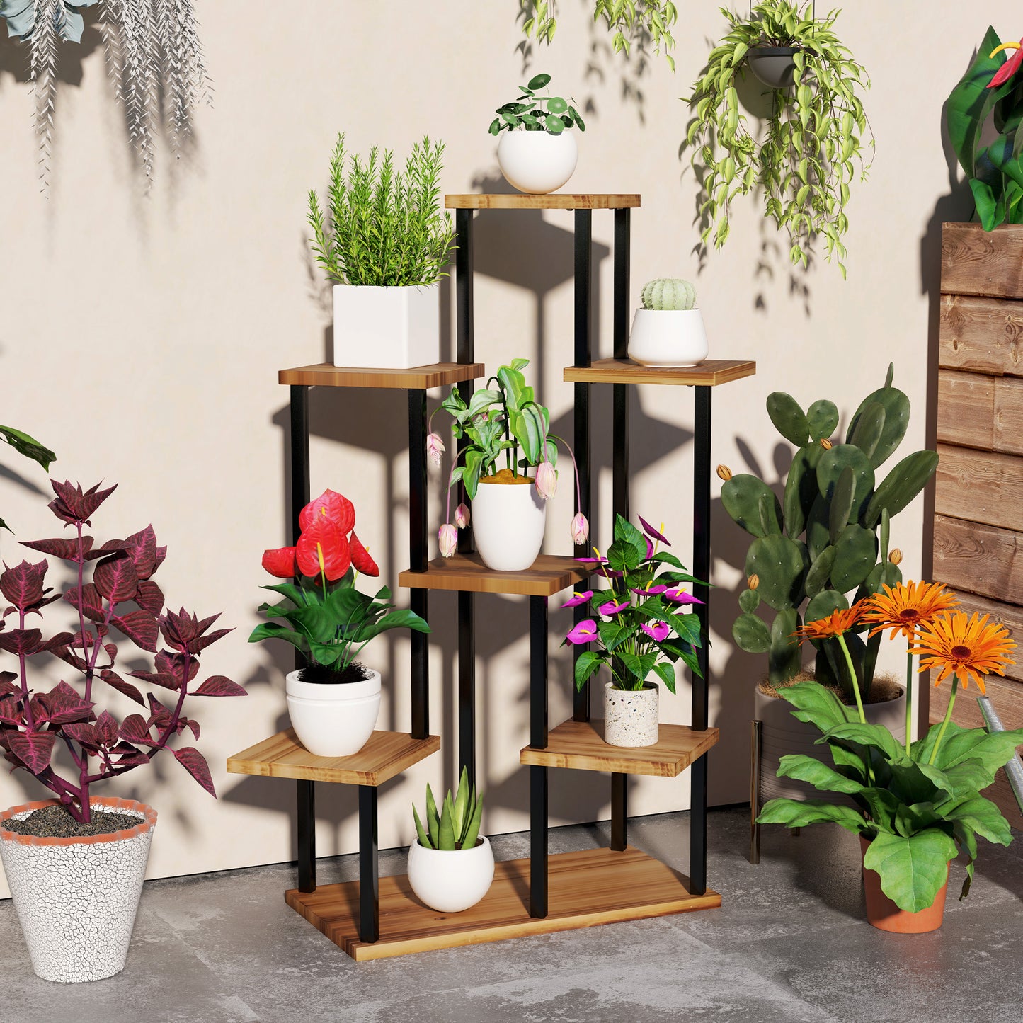 Outsunny Seven Shelf Wooden Plant Stand For Corner Decor With Staggered Shelves Holds Seven Plants