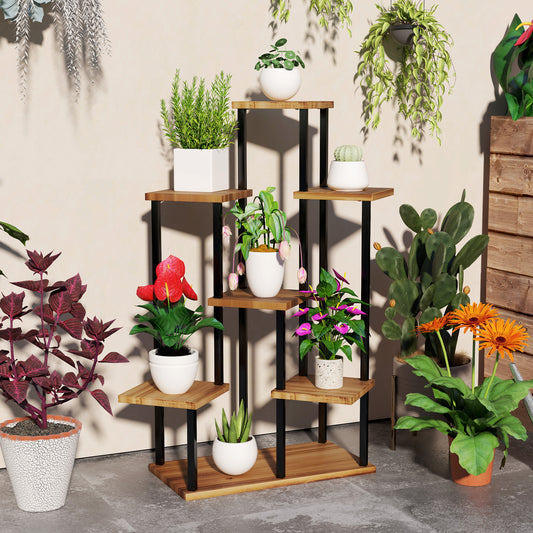 Outsunny Seven Shelf Wooden Plant Stand For Corner Decor With Staggered Shelves Holds Seven Plants