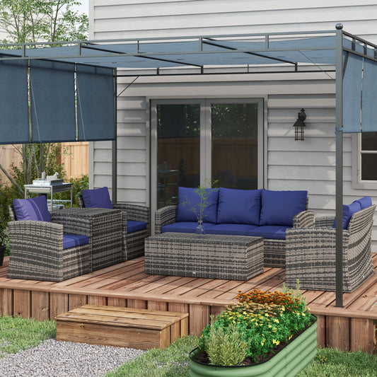 Outsunny 6 Piece Rattan Garden Furniture Set 7 Seater Navy Blue Wicker Sofa With Storage Tea Table And Side Table