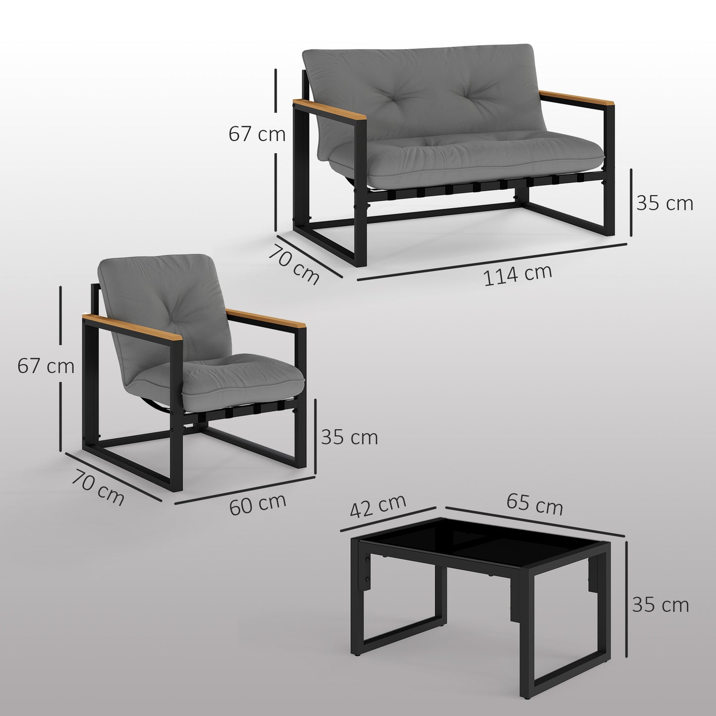 Outsunny 4 Piece Garden Furniture Set Conservatory Loveseat Armchairs Glass Top Coffee Table Cushions Light Grey