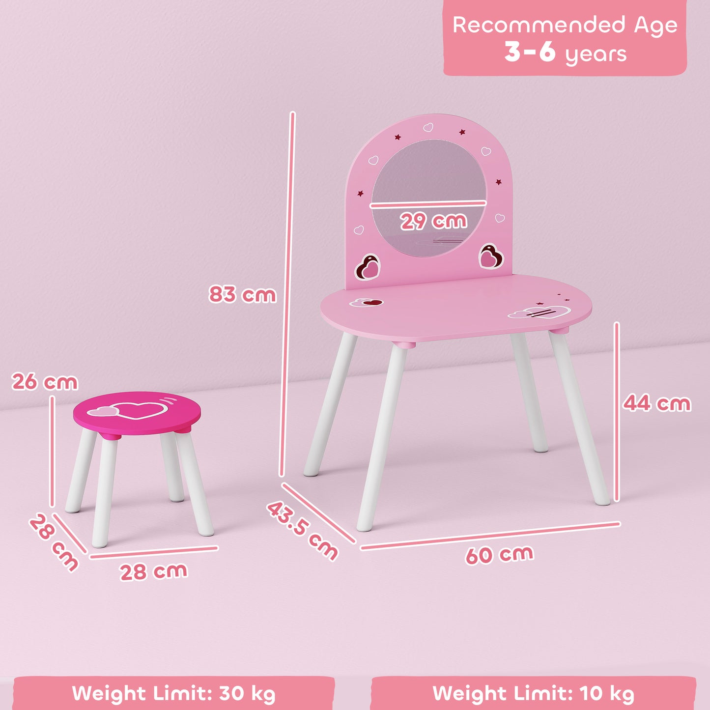 AIYAPLAY Kids Dressing Table With Mirror And Stool Vanity Set For Girls Ages 3 To 6 Pink