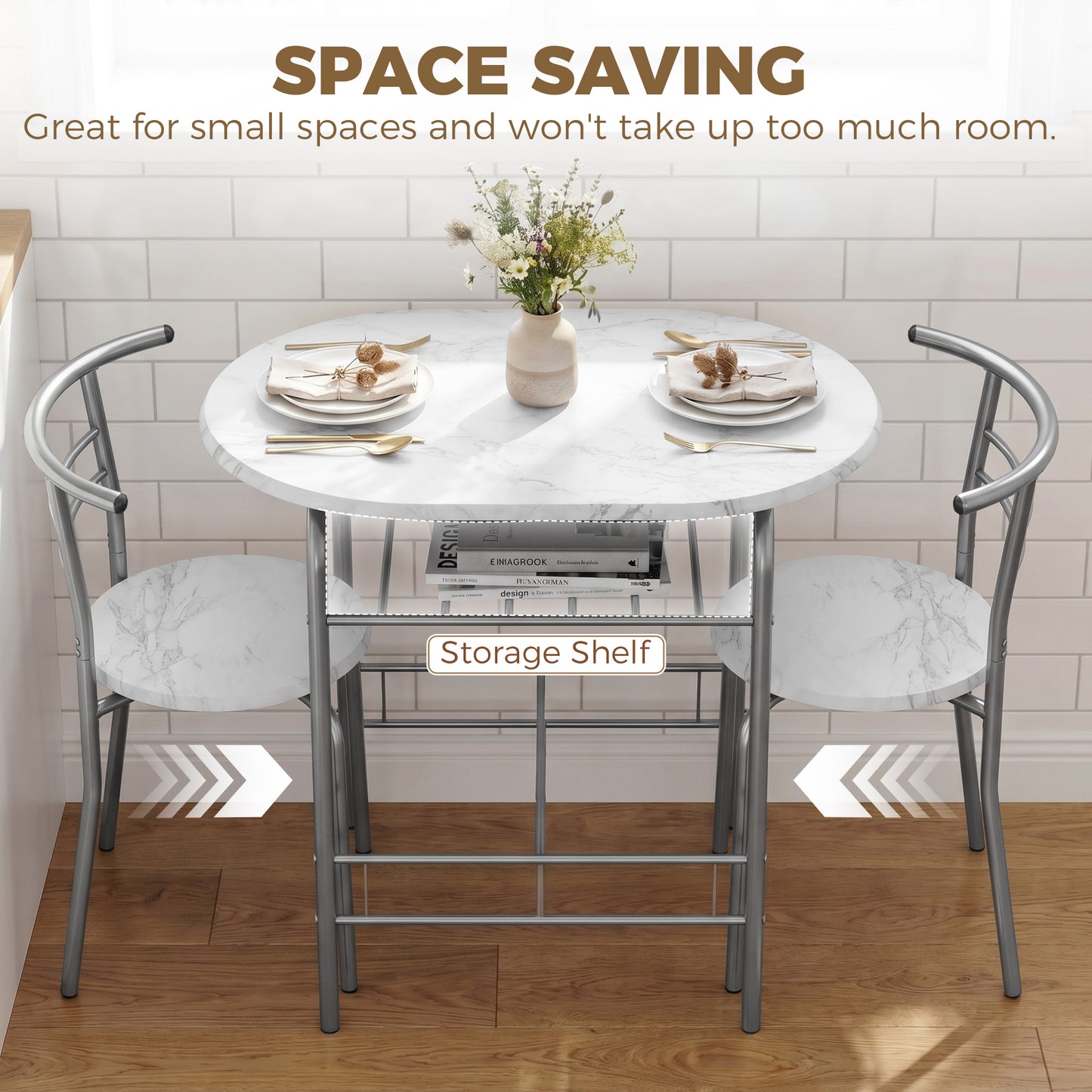 HOMCOM White Marble Effect Three Piece Compact Dining Set With Two Chairs And Table Shelf