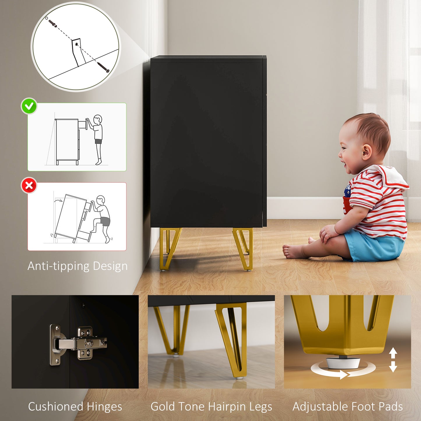 HOMCOM Modern Luxe High Gloss Sideboard With Hairpin Legs In Black Elegant Storage Cabinet