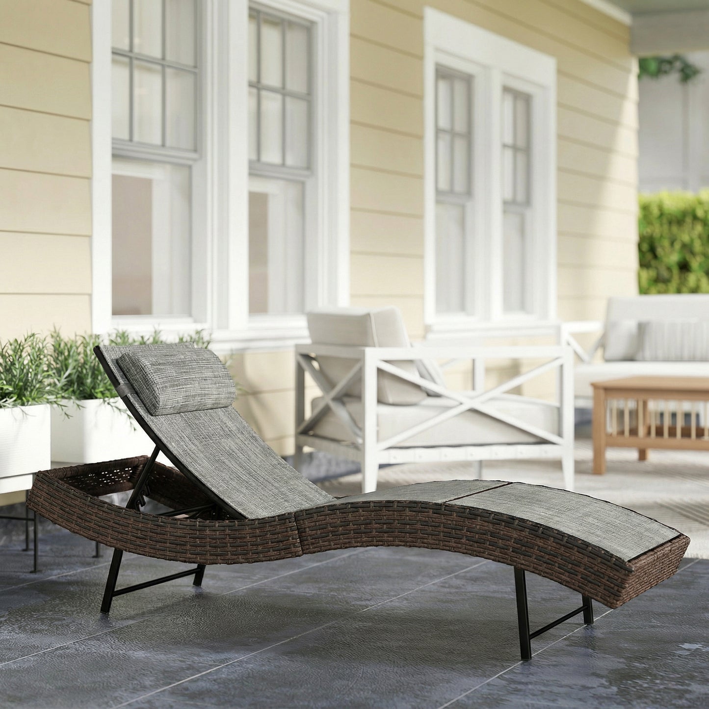 Outsunny Rattan Sun Lounger Garden Recliner With 5 Position Adjustable Back S Shaped Texteline Seat Headrest Brown