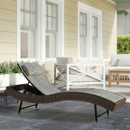 Outsunny Rattan Sun Lounger Garden Recliner With 5 Position Adjustable Back S Shaped Texteline Seat Headrest Brown