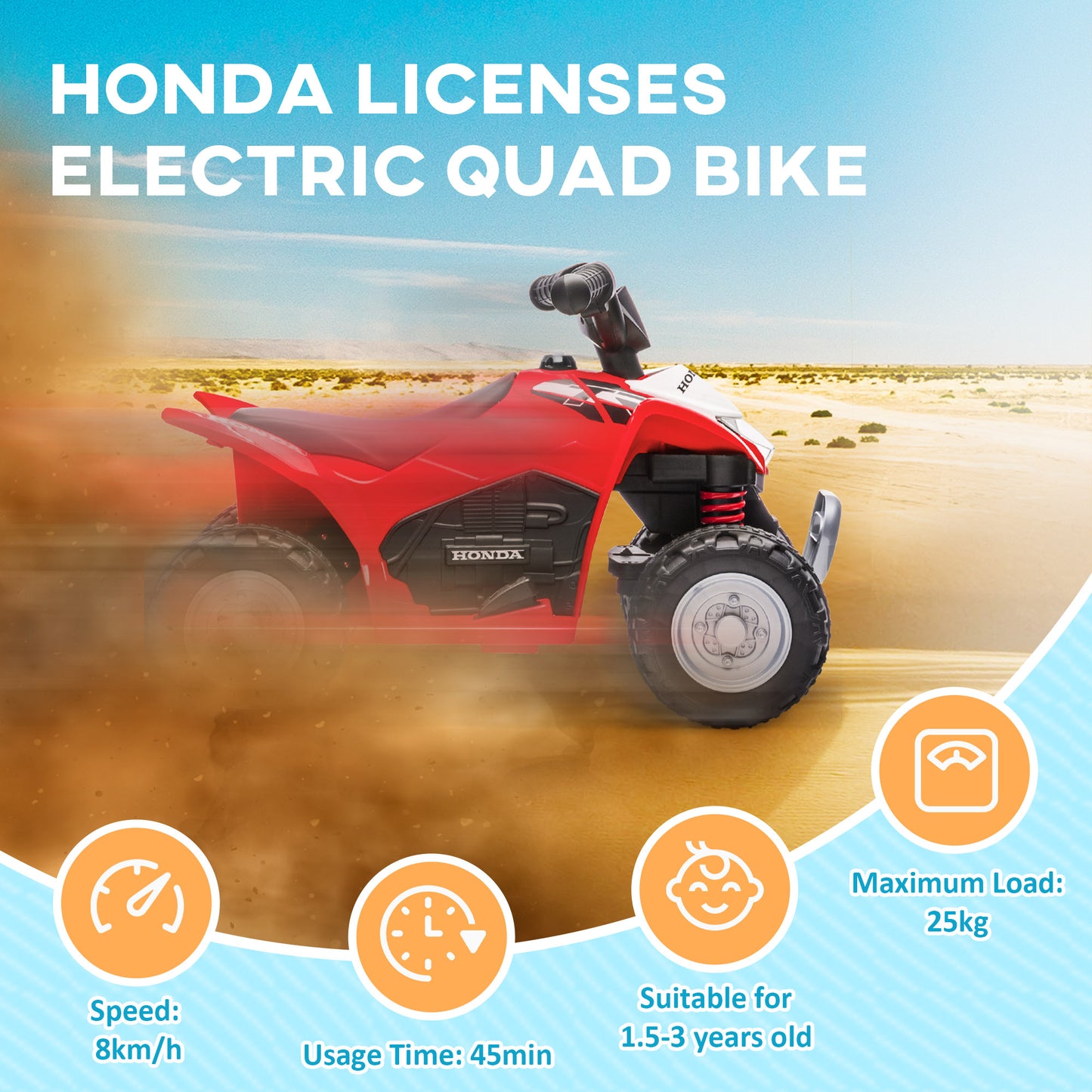 AIYAPLAY Honda Licensed Kids Electric Quad Bike - 6V ATV Ride-On Car for Children Ages 1.5-3 Years - Red - 4 Pack - ALL4U RETAILER LTD