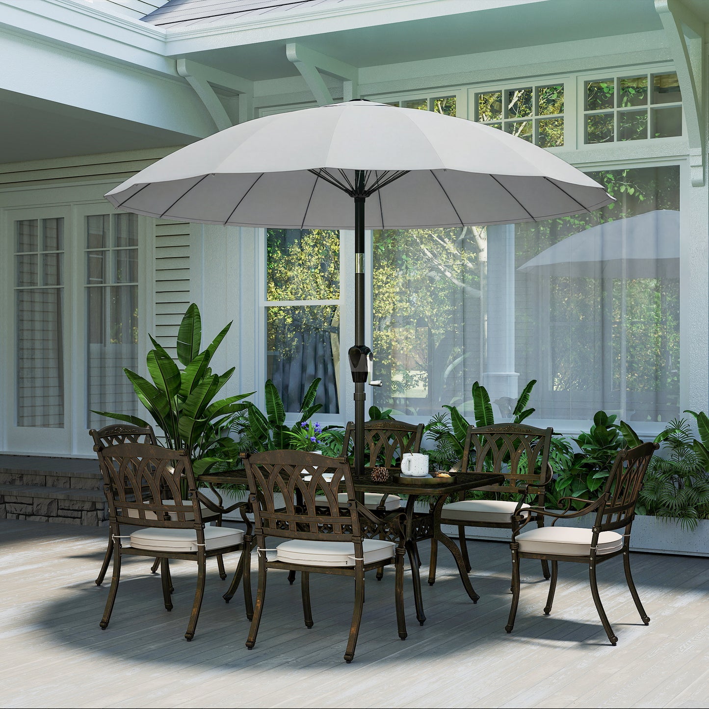 Outsunny 2 Meter Shanghai Garden Parasol Umbrella With 16 Fibreglass Ribs And Crank Tilt UPF30 Plus Light Grey
