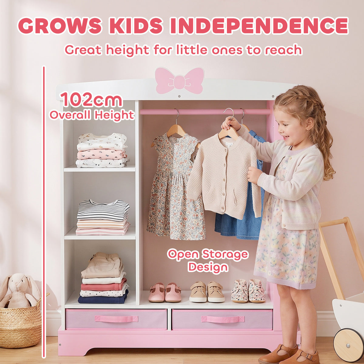 AIYAPLAY Kids Wardrobe With Lighted Mirror Pink Storage Cabinet For Bedroom