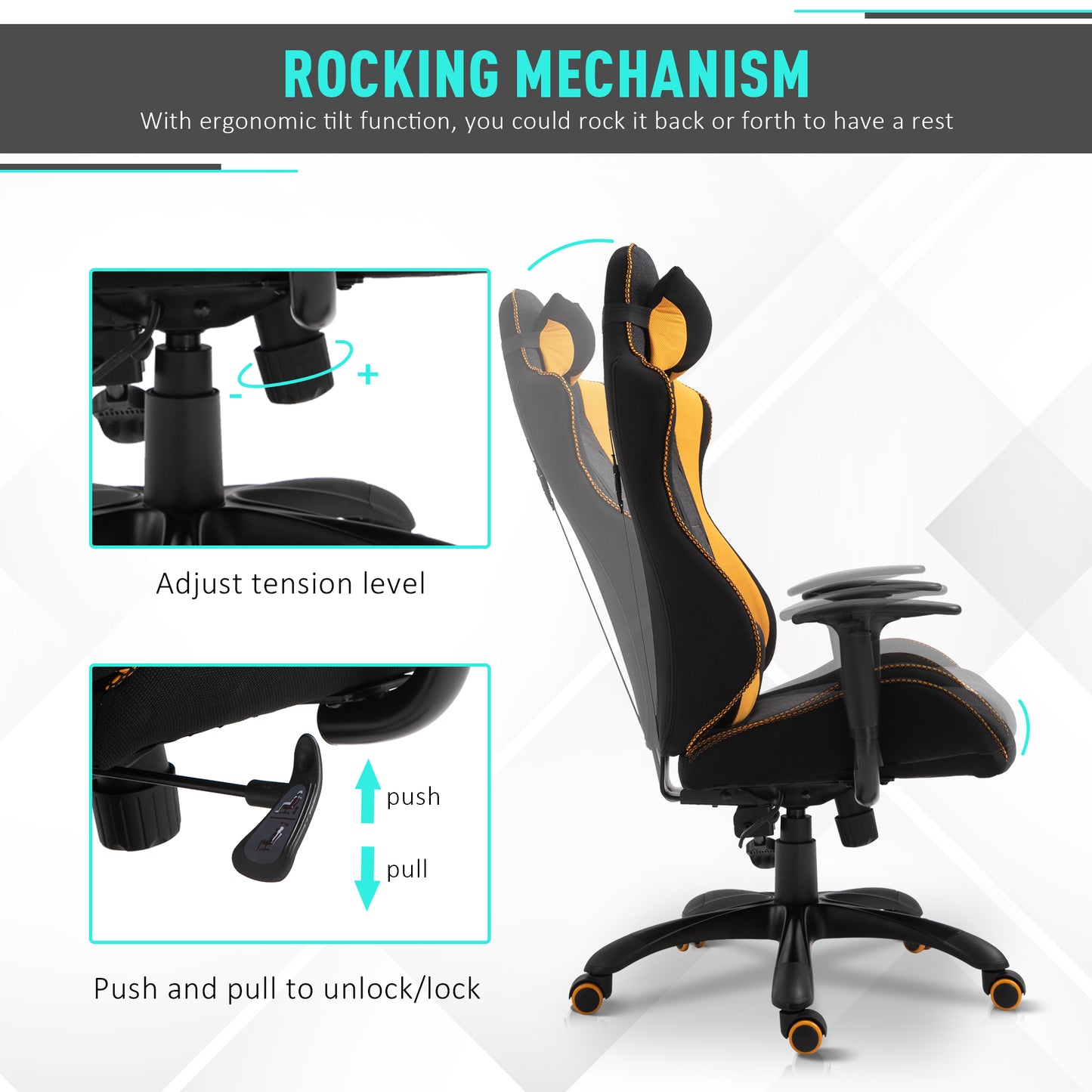 Vinsetto Ergonomic Racing Gaming Chair with Yellow Accents - 360° Swivel, Adjustable Height, Neck & Back Support - ALL4U RETAILER LTD