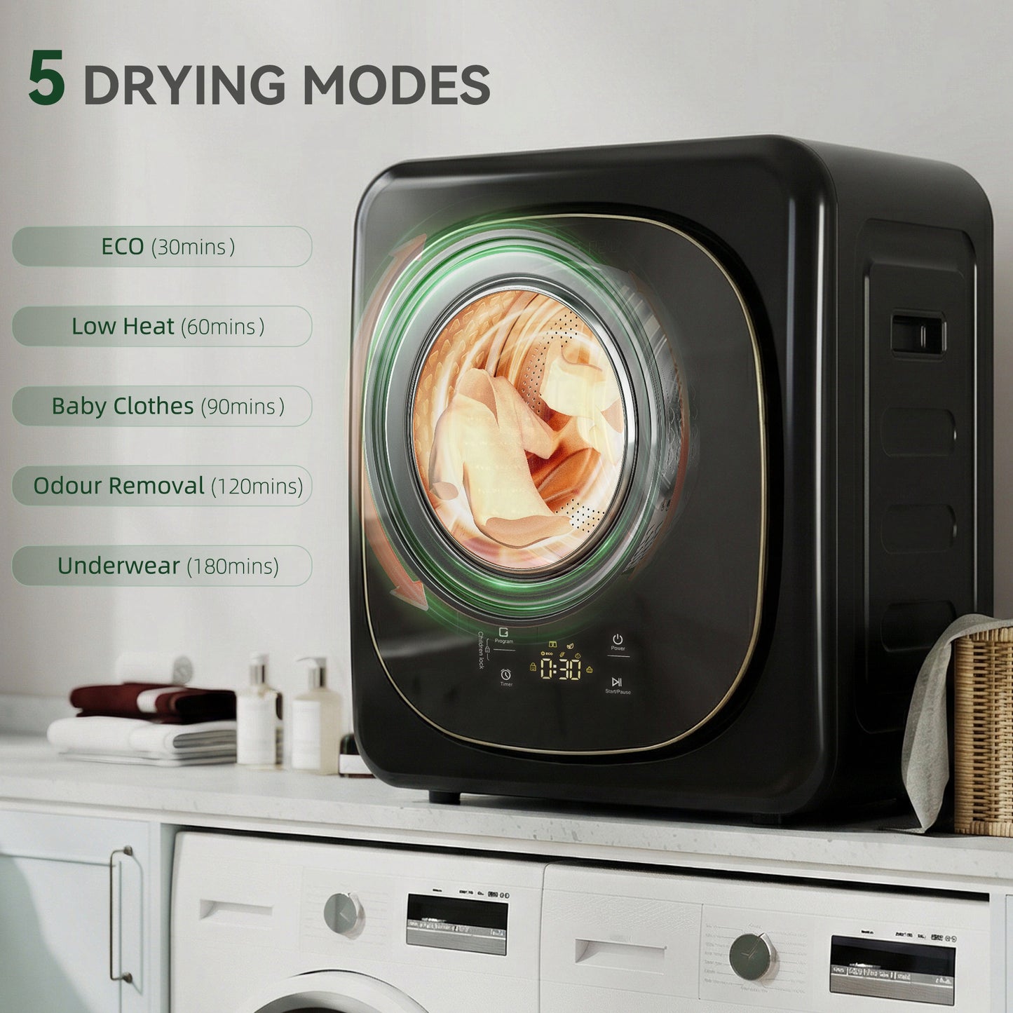 HOMCOM 4kg Vented Tumble Dryer 800W 5 Drying Modes Compact Freestanding Front Tumble Dryer Black
