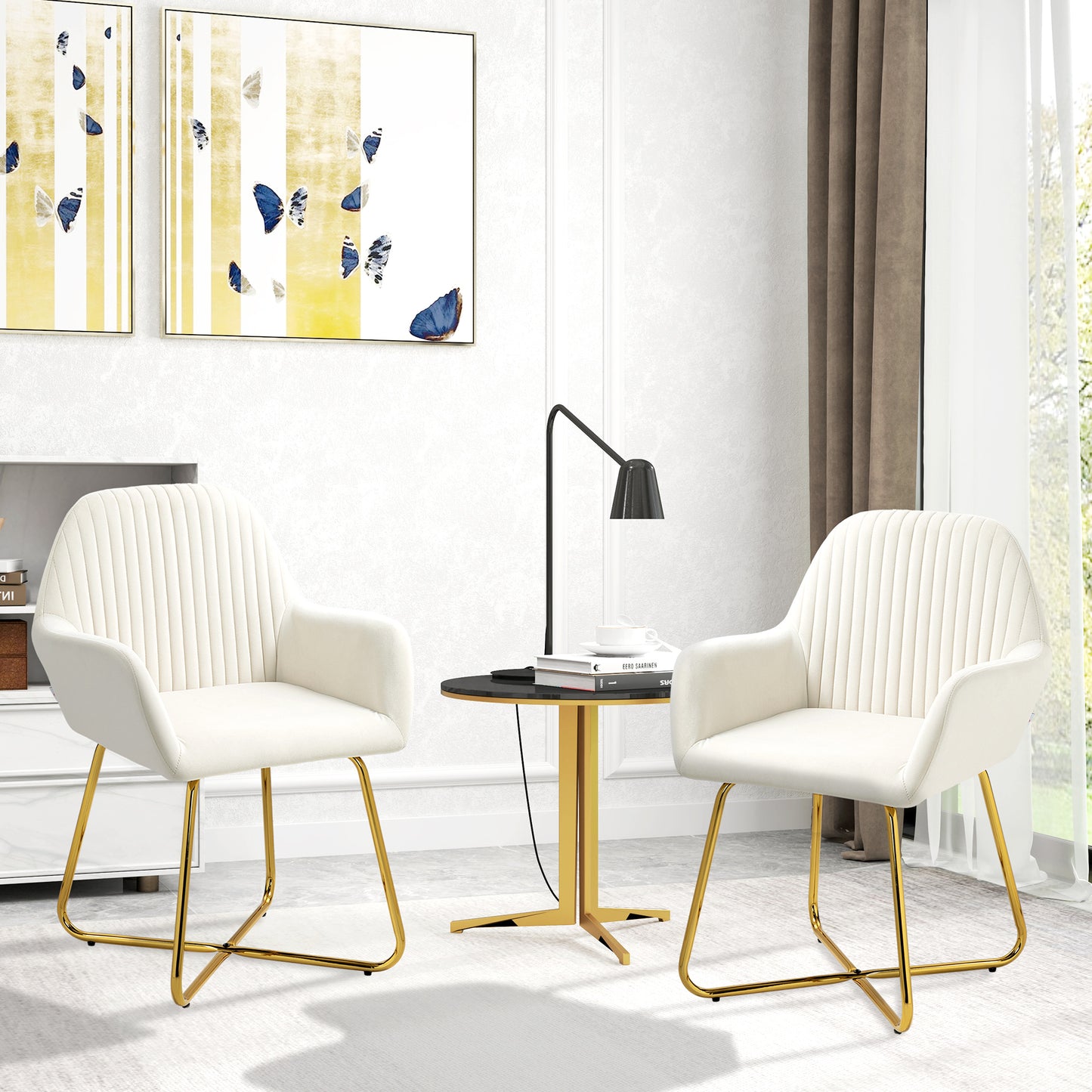 HOMCOM Modern Upholstered Arm Chair Set Of 2 With Metal Base Cream White For Living Room