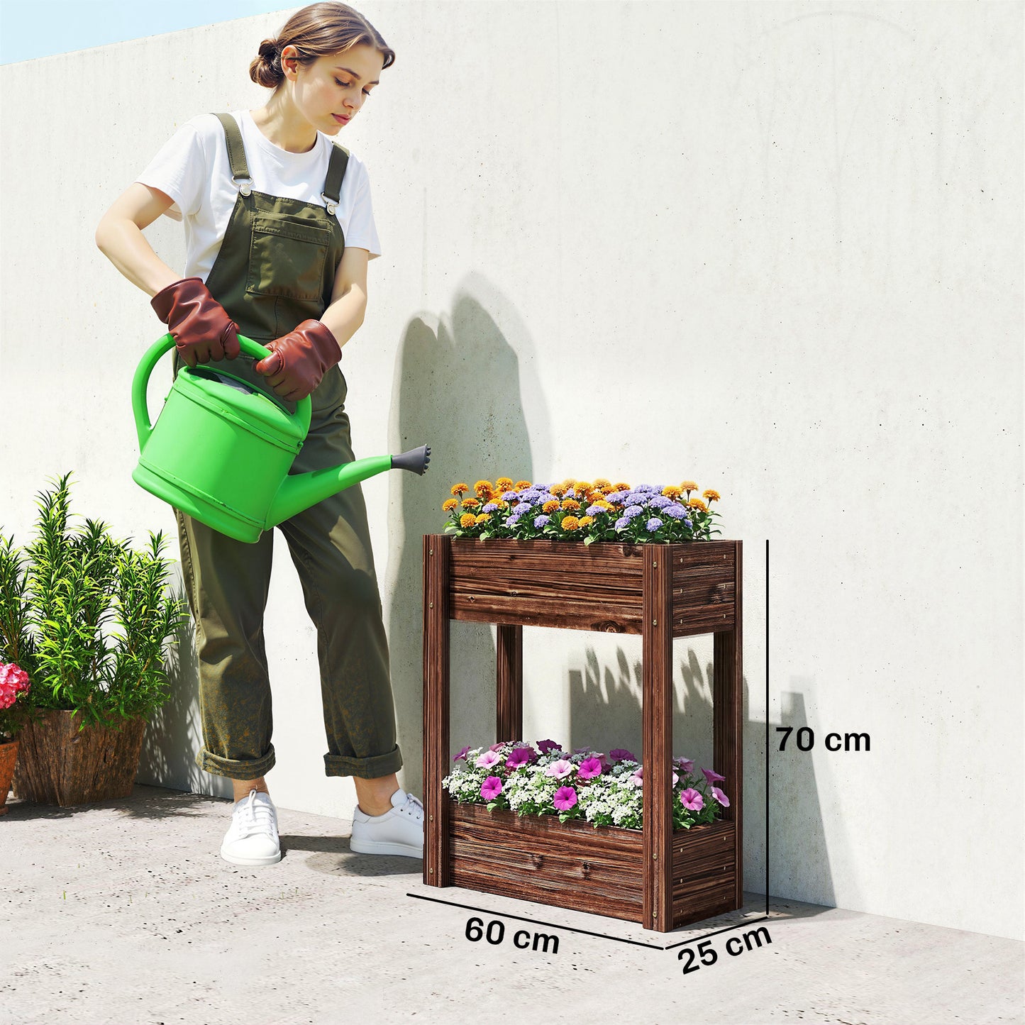 Outsunny 2 Tier Wooden Raised Planter Bed On Legs With Drainage Holes And Bed Liner Elevated Garden Planter