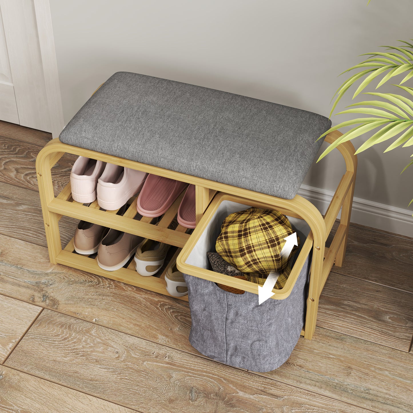 HOMCOM Bamboo Shoe Storage Bench With Cushioned Seat And Linen Fabric Upholstery Nature Wood Finish