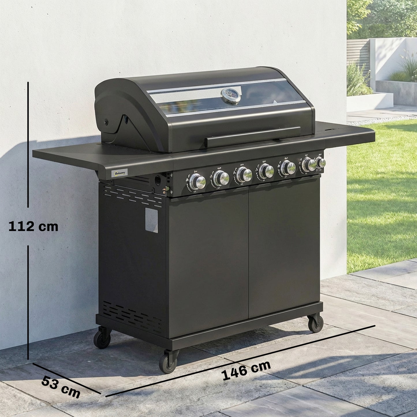 Outsunny Six Plus One Burner Gas BBQ Grill On Trolley With Wheels Warming Rack Thermometer And Bottle Opener Black