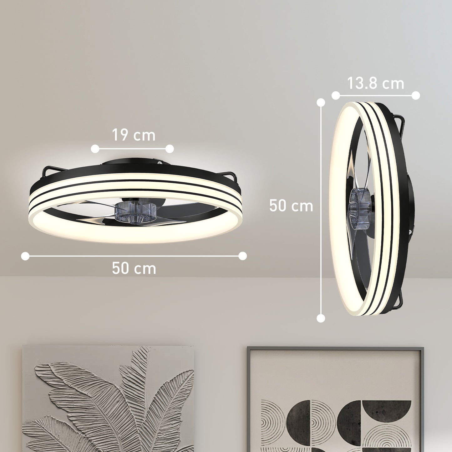 HOMCOM 50cm LED Ceiling Fan With Light, Remote And App Control, 3 Colour Temperatures, 6 Speeds, Black