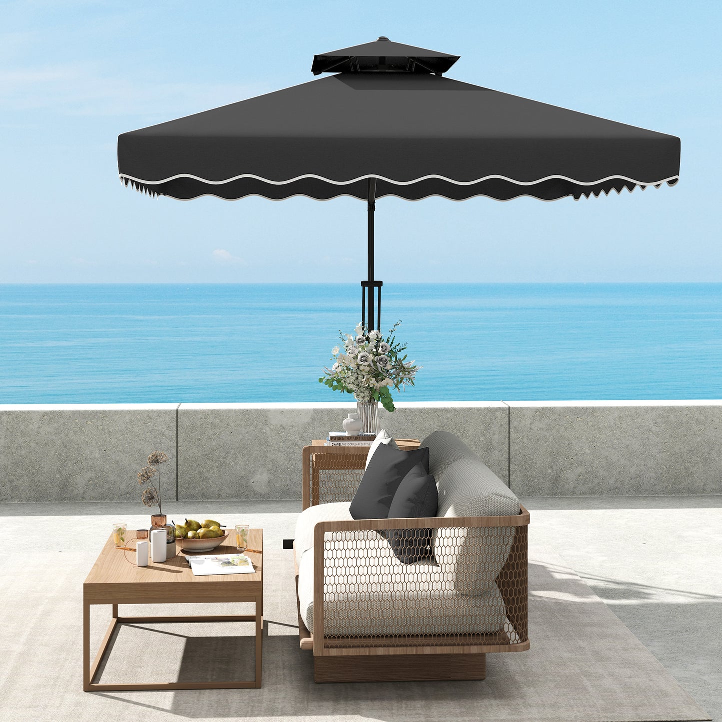 Outsunny 2.5m Cantilever Parasol with Easy Lever Square Double Top Garden Umbrella Overhanging Sun Shade Black