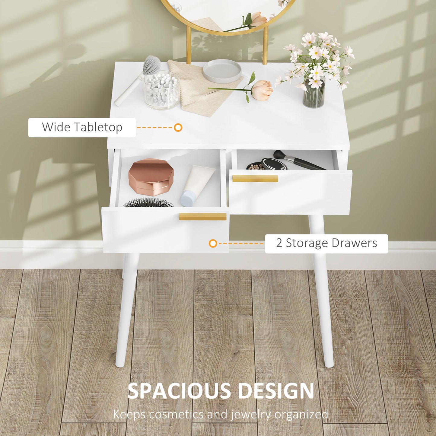 HOMCOM Elegant Dressing Table With Round Mirror White 60 x 40 x 123 cm With Storage Drawers