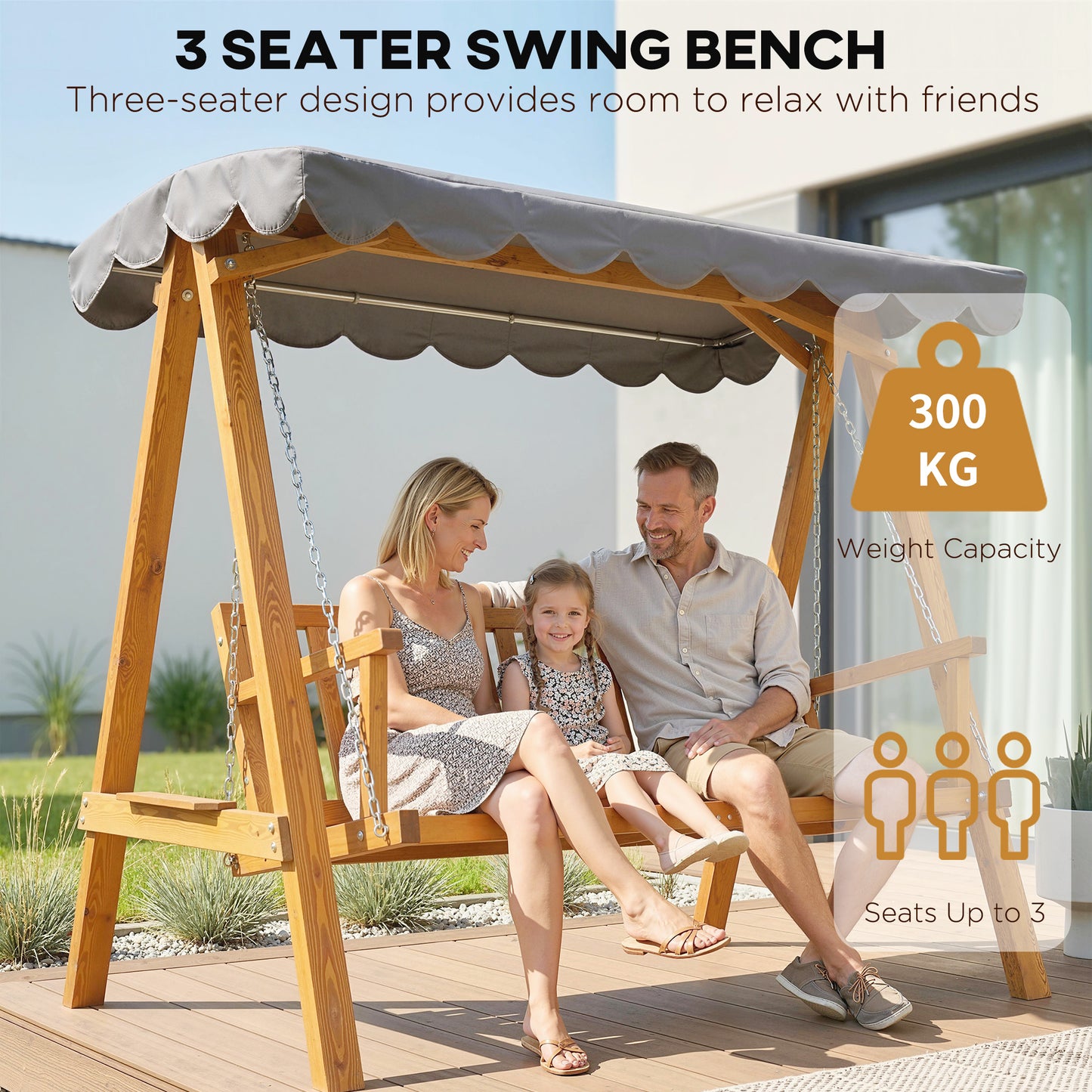 Outsunny 3 Seater Garden Swing Chair With Canopy Outdoor Wooden Swing Hammock Bench Balcony Patio Porch Dark Grey