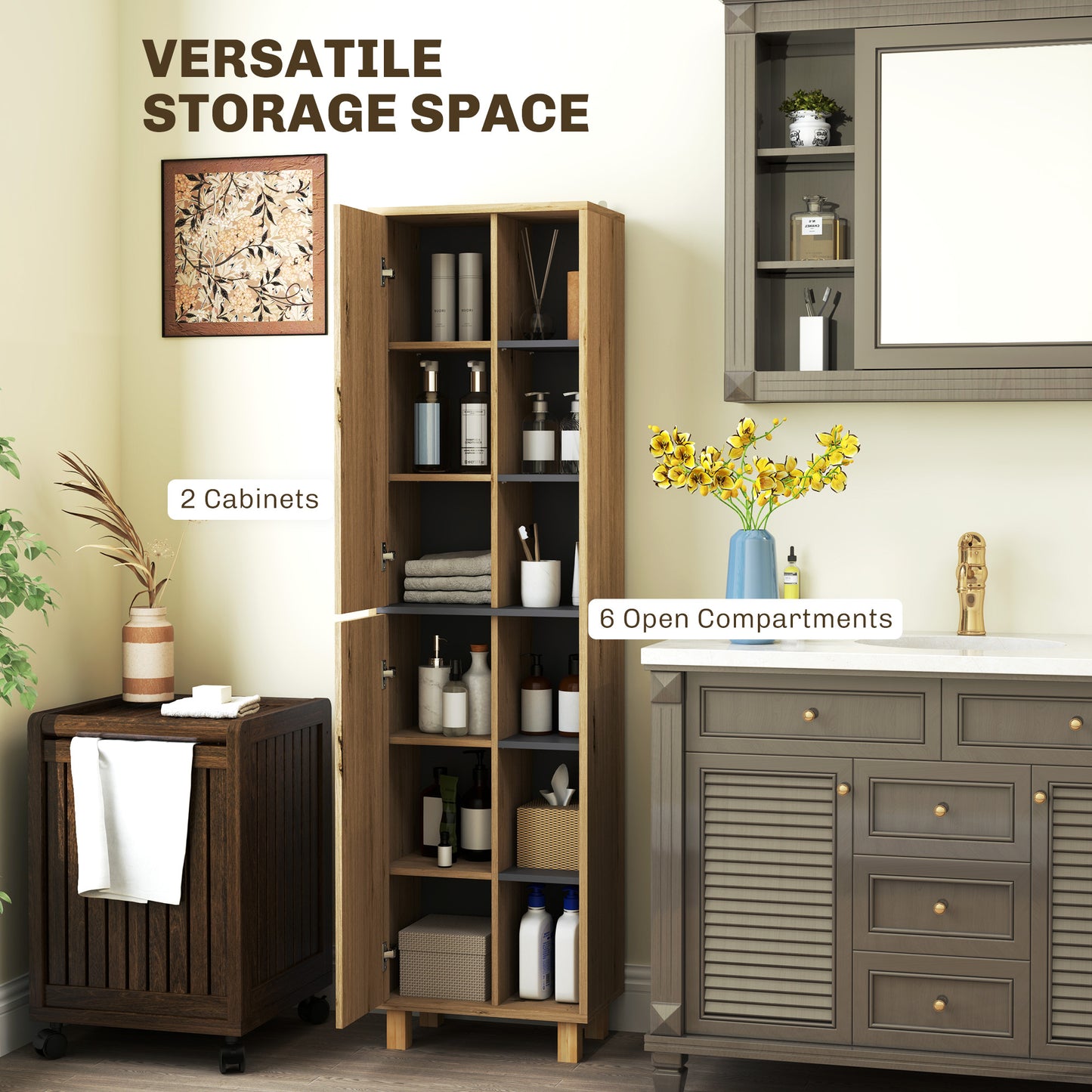 HOMCOM Slim Bathroom Cabinet With Wood Effect Finish 6 Open Shelves And 2 Three Layer Cabinets Anti Tip Straps